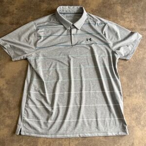 Under Armour Polo Shirt Mens 2XL Grey Striped HeatGear Loose Fit